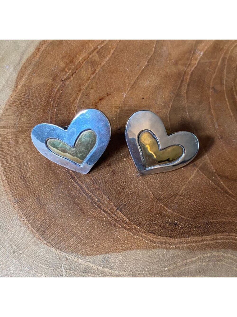 Jeep Collins Heart Earrings, Brass & Sterling Silver
